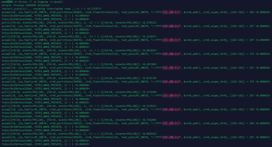 strace -T -p output on a MySQL process showing poll, accept, and futex system calls with per-call timing. The accept calls reveal incoming connections on IPv6, and the poll wait times vary from under 4ms to over 700ms.