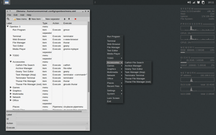 Crunchbang Linux desktop showing the classic Openbox right-click menu.