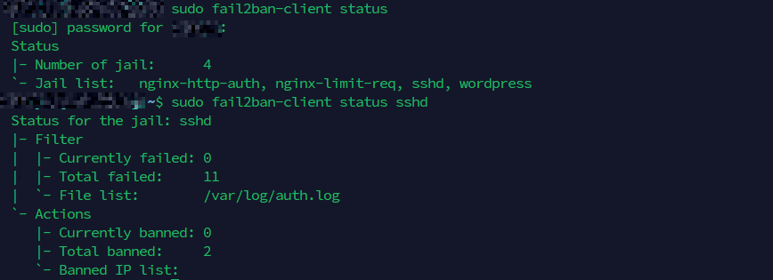 fail2ban-client status sshd output showing banned IPs and failure counts