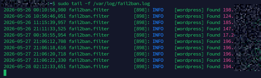 Fail2ban log output showing live ban and unban actions