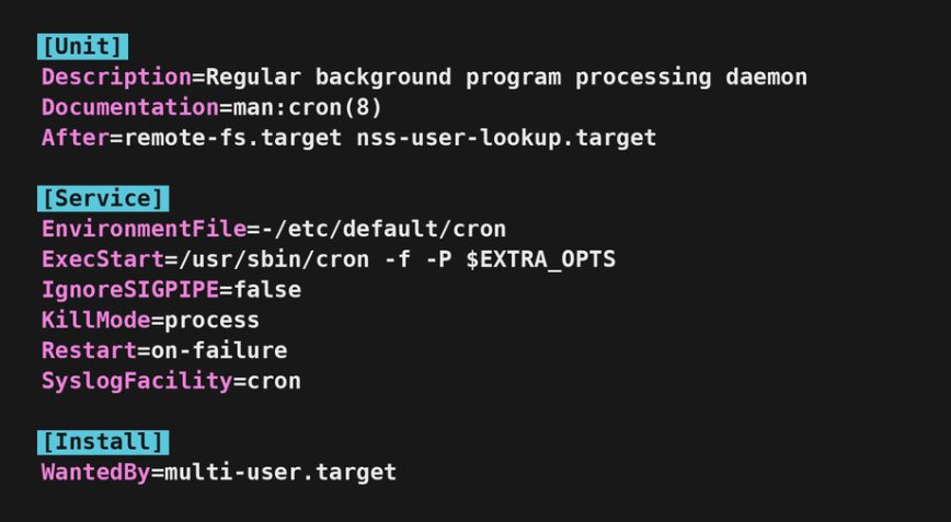cron.service systemd unit file viewed in vim with syntax highlighting