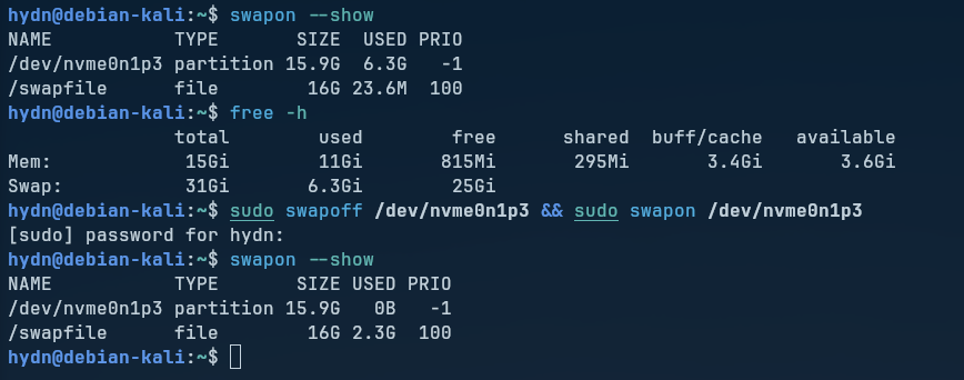 swapoff and swapon on the swap partition draining 6.3 GB of old swap, with swapon --show confirming the partition at 0B used and the swapfile taking over