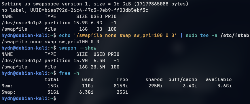 Terminal output of mkswap, adding the swapfile to /etc/fstab with pri=100, and swapon --show listing the swap partition at priority -1 and swapfile at priority 100
