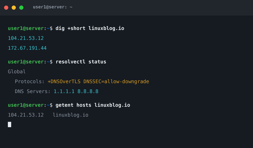 Linux terminal showing dig, resolvectl, and getent commands for DNS resolution