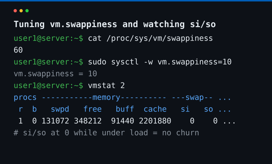 Checking and setting vm.swappiness with sysctl, then watching the si and so columns in vmstat