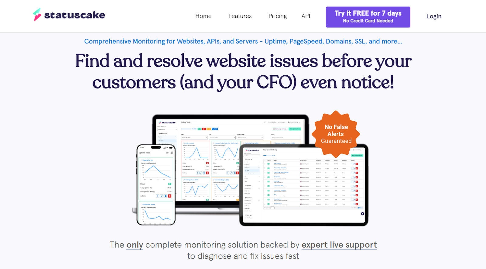 StatusCake homepage showing website monitoring dashboards across desktop, tablet, and mobile devices.