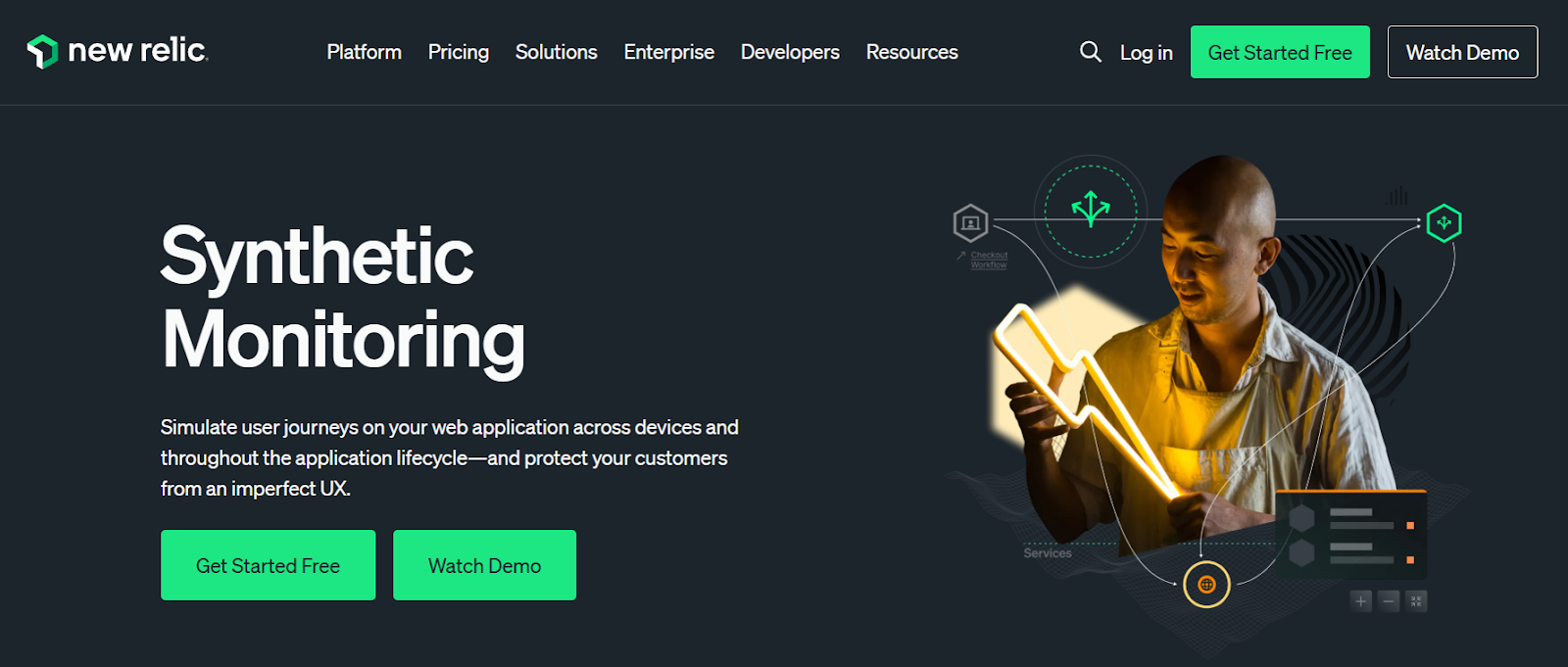 New Relic Synthetic Monitoring page promoting simulated user journey monitoring for web applications.