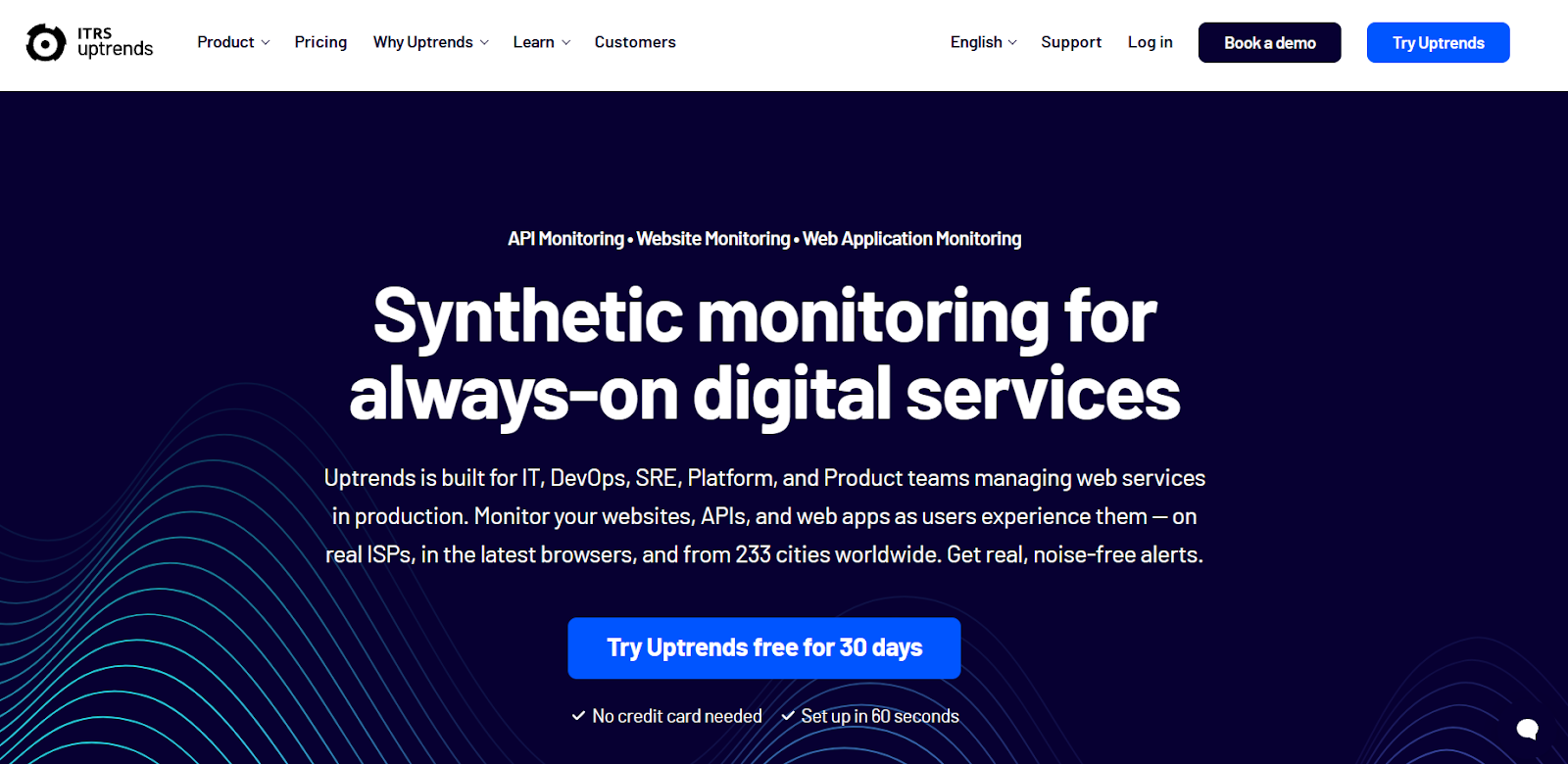 Uptrends synthetic monitoring page for monitoring websites, APIs, and web applications.