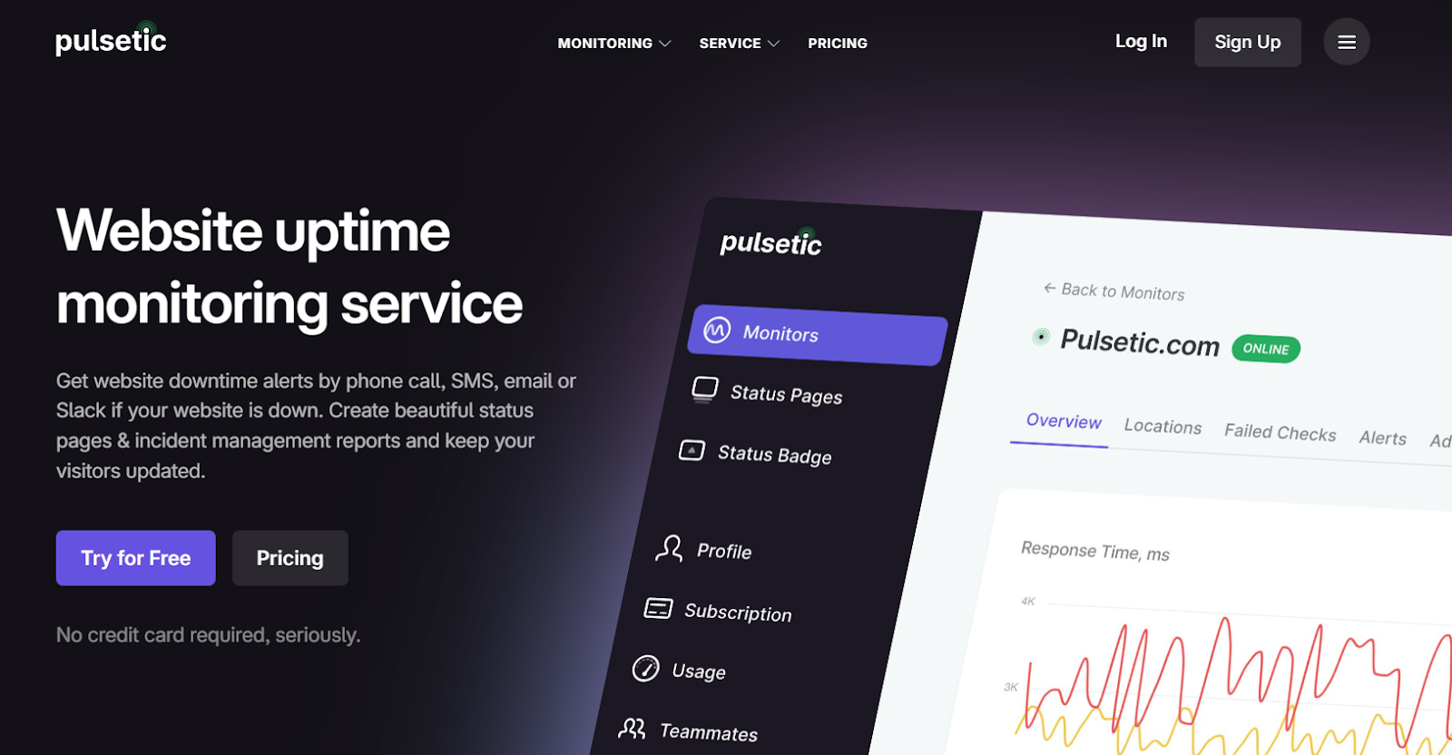 Pulsetic website uptime monitoring page showing an online monitor and response time graph.