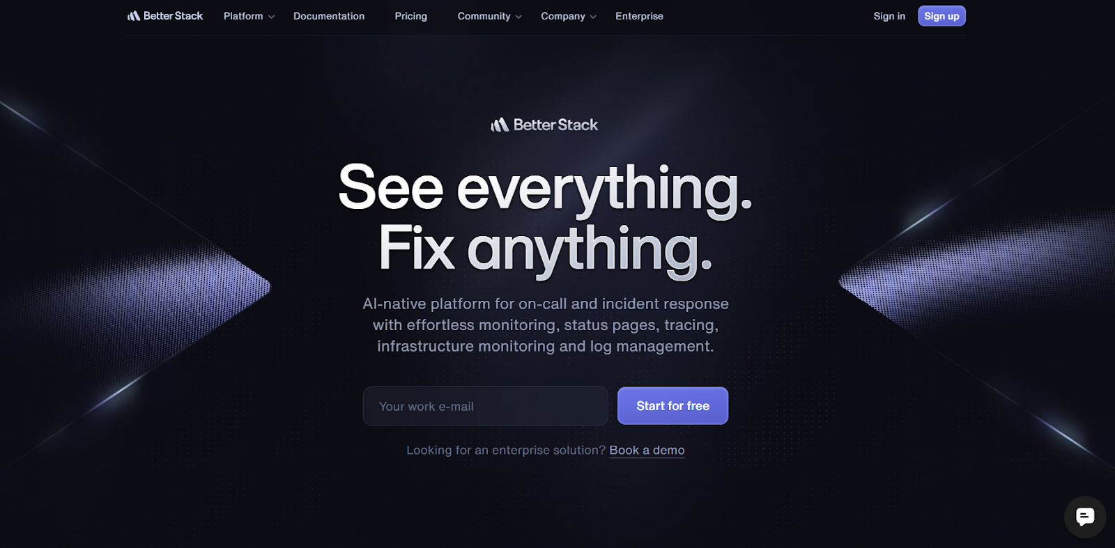 Better Stack homepage promoting its monitoring and incident response platform.