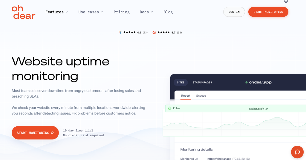 Oh Dear website uptime monitoring page showing response time and monitoring details.