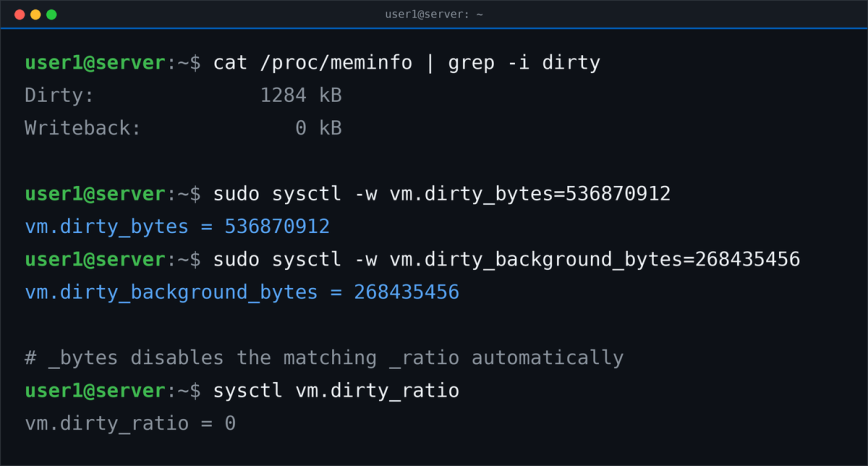 vm.dirty_bytes for high-RAM servers Setting vm.dirty_bytes absolute limits instead of percentage ratios on a high-memory Linux server