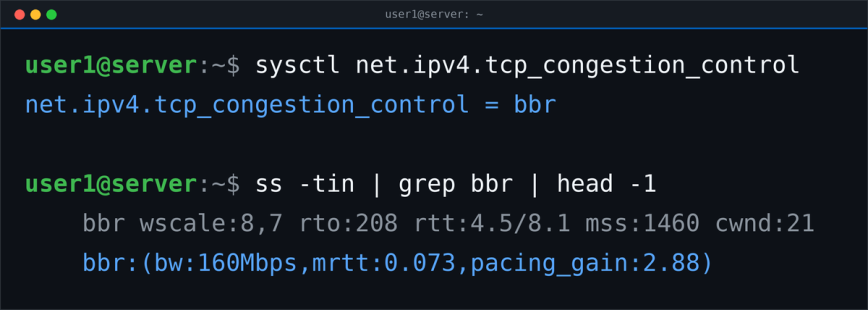 Verify sysctl changes with ss Verifying BBR congestion control is active using ss on an established Linux connection