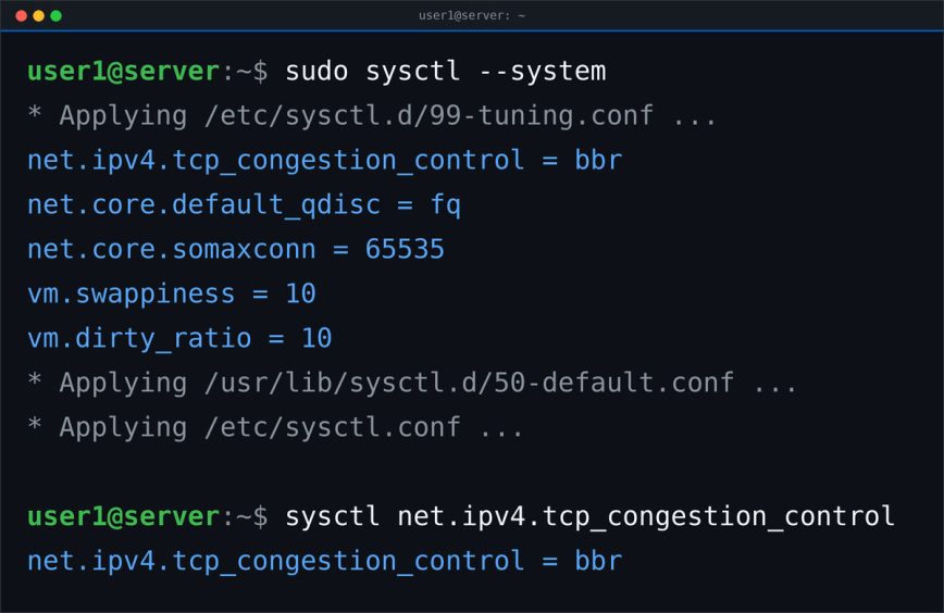 sysctl Linux kernel tuning Terminal showing sysctl reading and writing Linux kernel parameters under /proc/sys