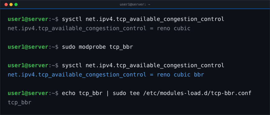 Enable BBR with modprobe tcp_bbr Loading the tcp_bbr module so BBR appears in tcp_available_congestion_control on Linux