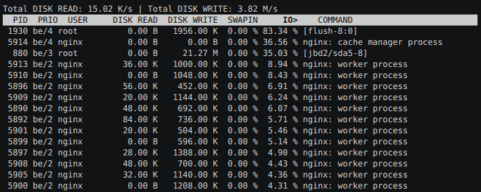 iotop -oPa output showing accumulated DISK READ and DISK WRITE per process