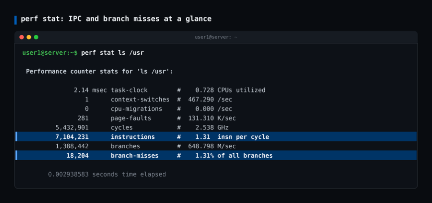 perf stat output perf stat output for ls /usr with instructions per cycle and branch misses highlighted